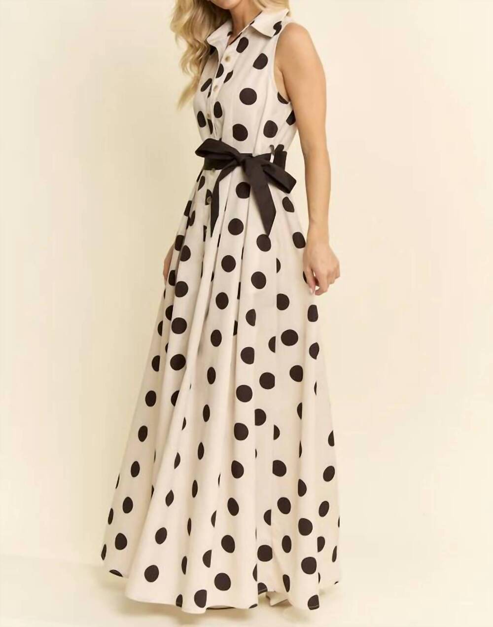 NEW JADE BY JANE polka dot button down belted sleeveless shirt dress in cream